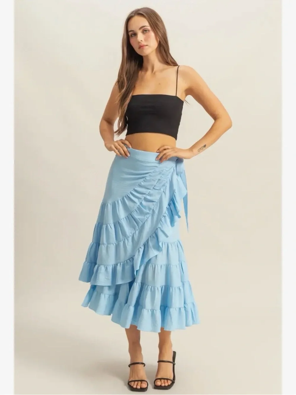 HYFVE Light Blue Ruffle Wrap Midi Skirt